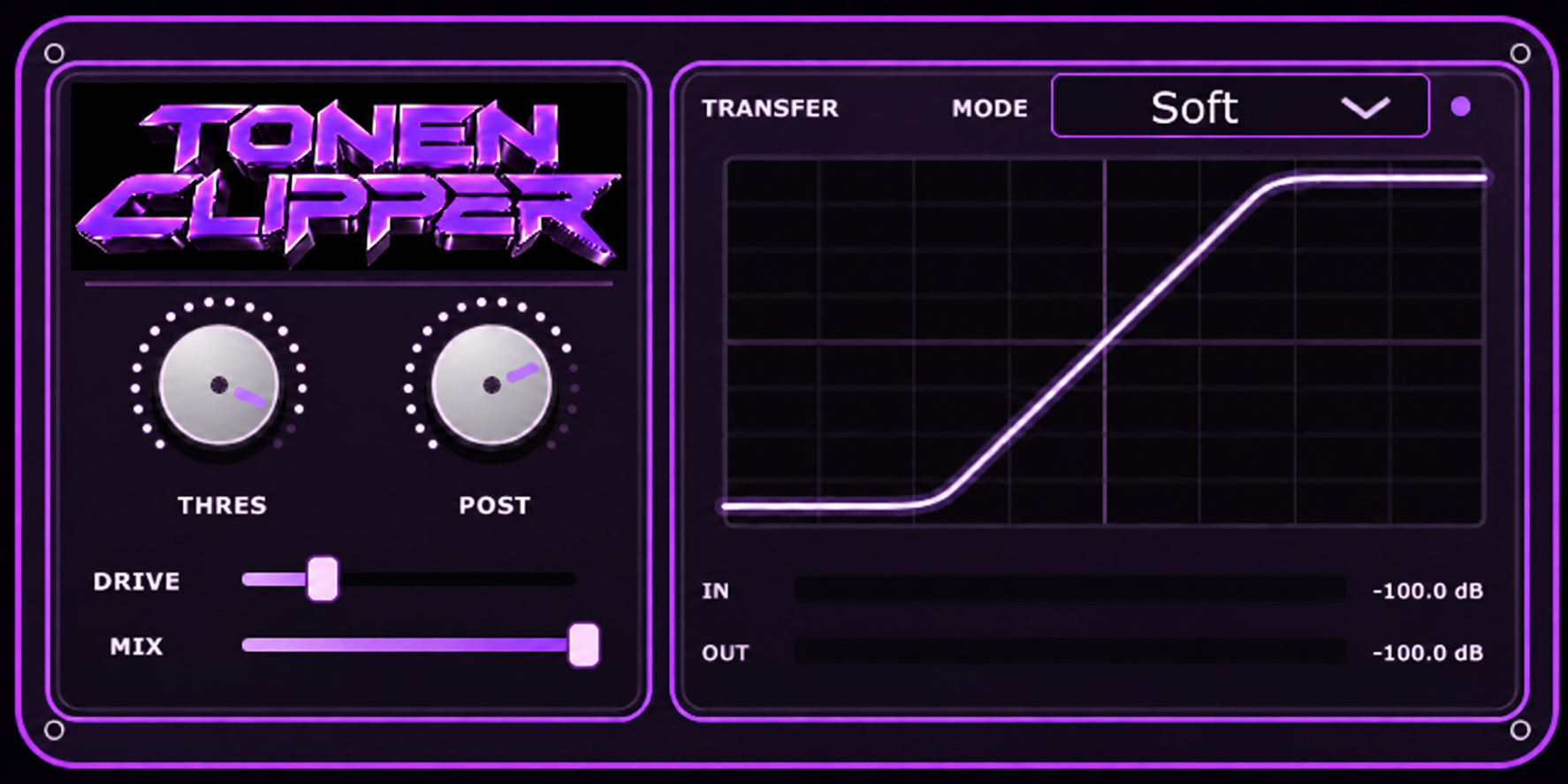 Tonen Clipper audio plugin interface showing threshold, post level, and a soft clipping curve
