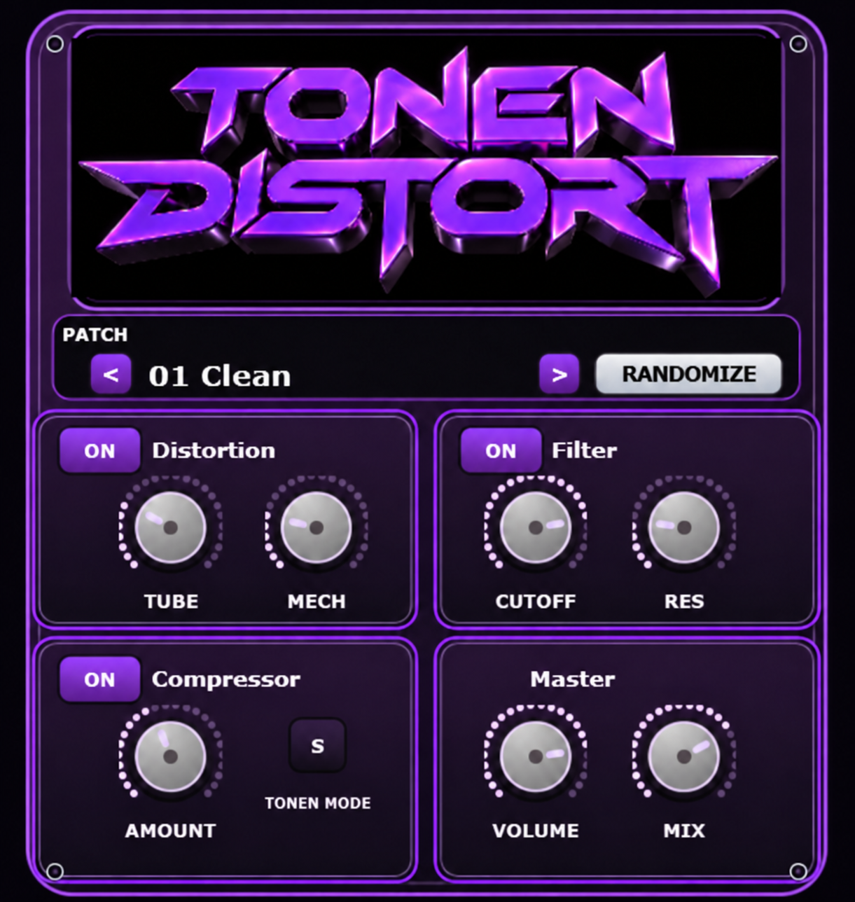 Tonen Distort audio plugin interface with distortion, filter, compressor, and master controls